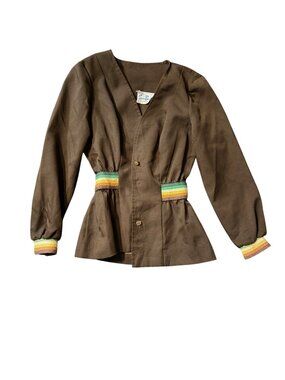 Sue Brett Vintage Junior Brown Jacket With Rainbow Knit Trim Button Front and Ci